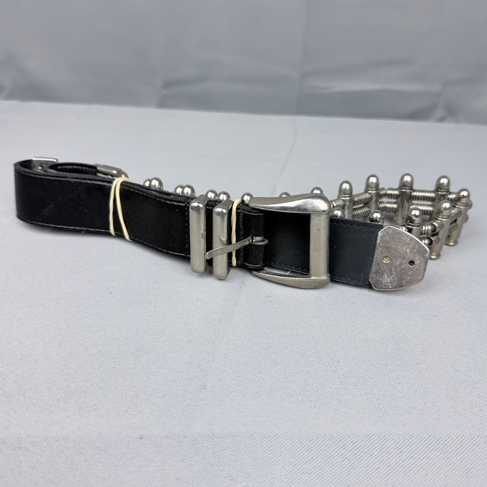 Vintage BB 3791 Black Synthetic Leather Bullet Link Chain Belt Silver Size 32